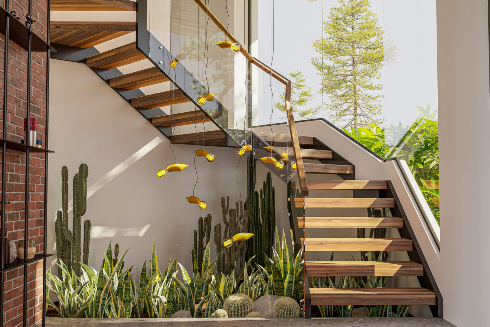 The Interior of the Stairs on the way up and down the building are made of wooden and glass railing
