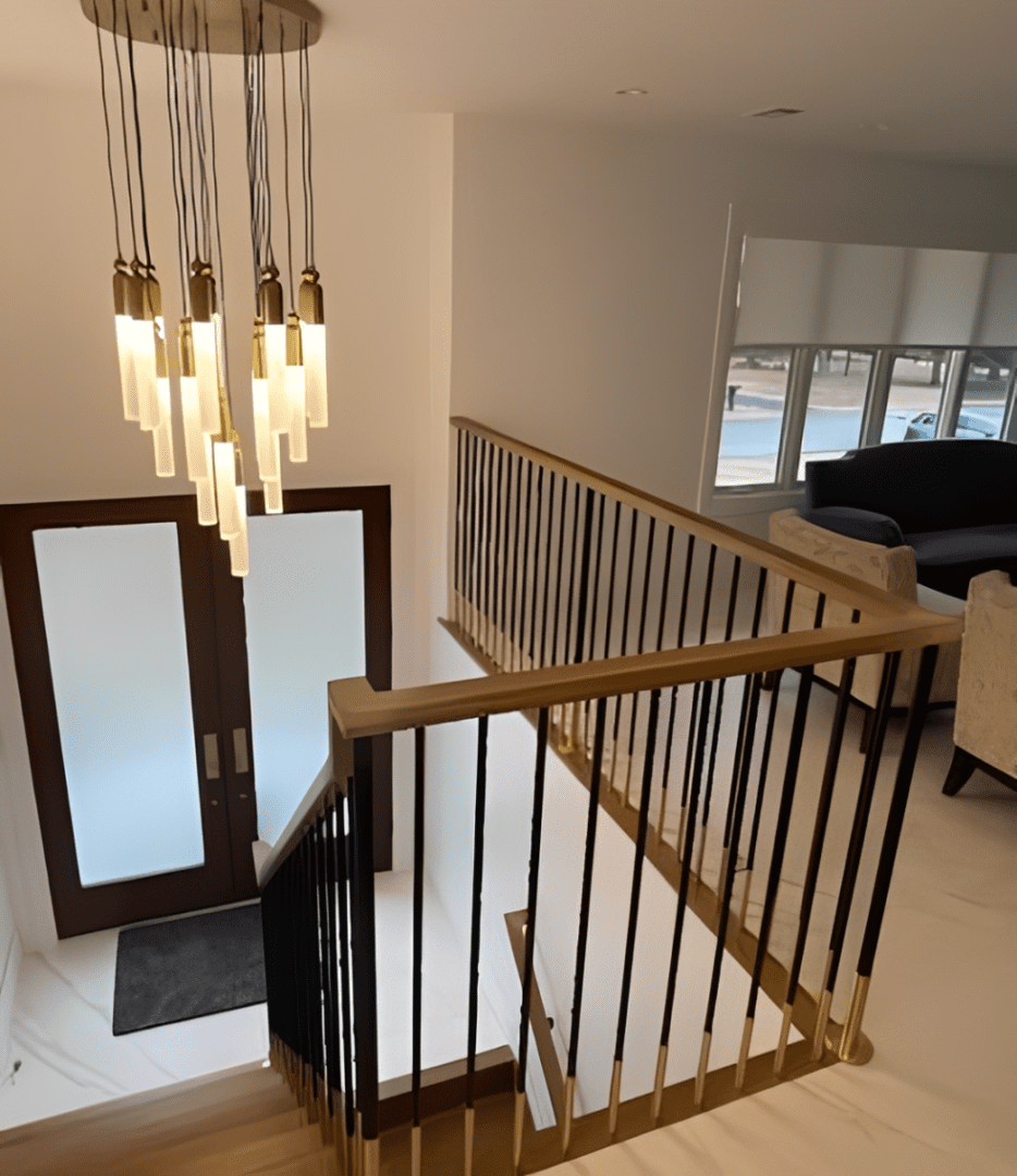Modern staircase with elegant chandelier